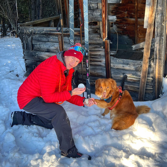 man and dog cross country skiing with RMD dog. paw cream