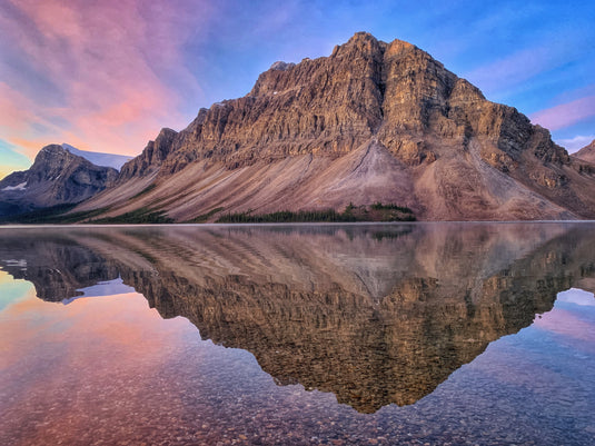 bow lake sunrise reflection banff alberta