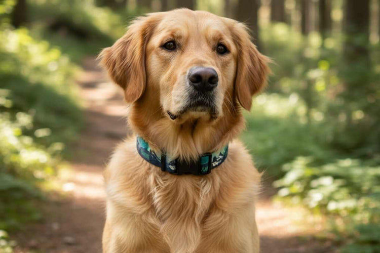 A golden retriever dog wearing a blue patterned collar, sitting on a forest path.